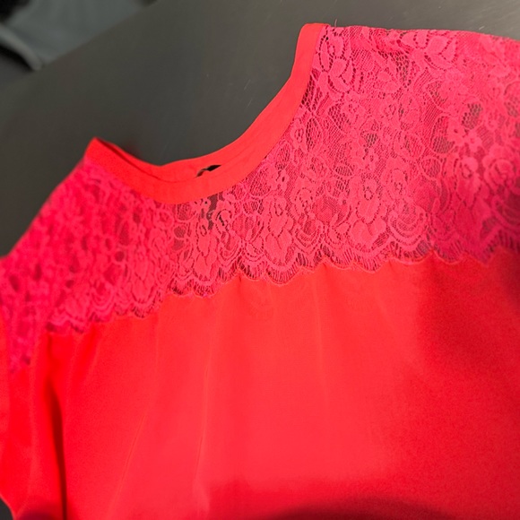 H&M Blouse Neon Lace Cap Sleeve Curved Hem Shift Straight Fit SZ 8/MED PINK NEW! - Picture 9 of 16